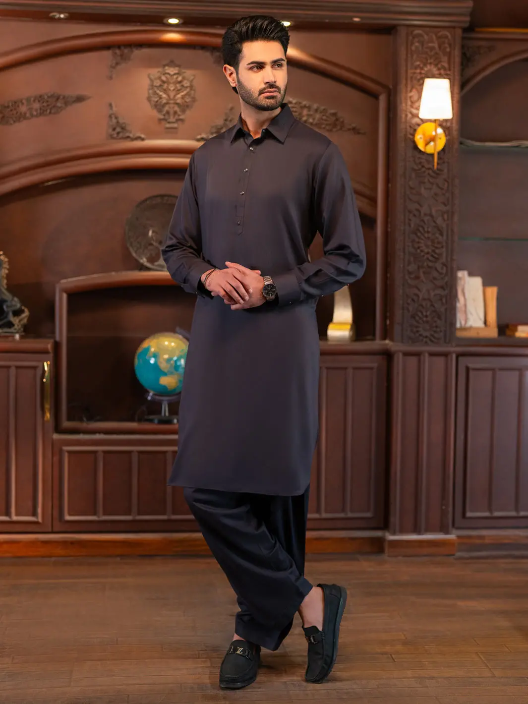 Charcoal Grey Cut & Sew Kameez Shalwar - Alwa-Ks-639 1