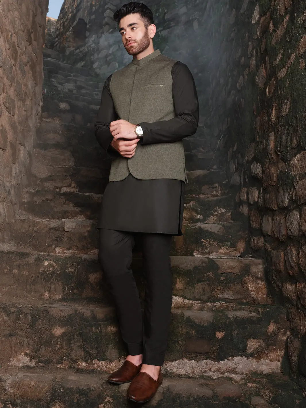 Olive Woven Waistcoat - Al-Wc-332 1