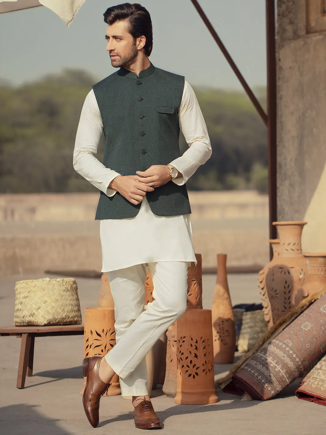 Dark Green Woven Waistcoat - Al-Wc-353 1