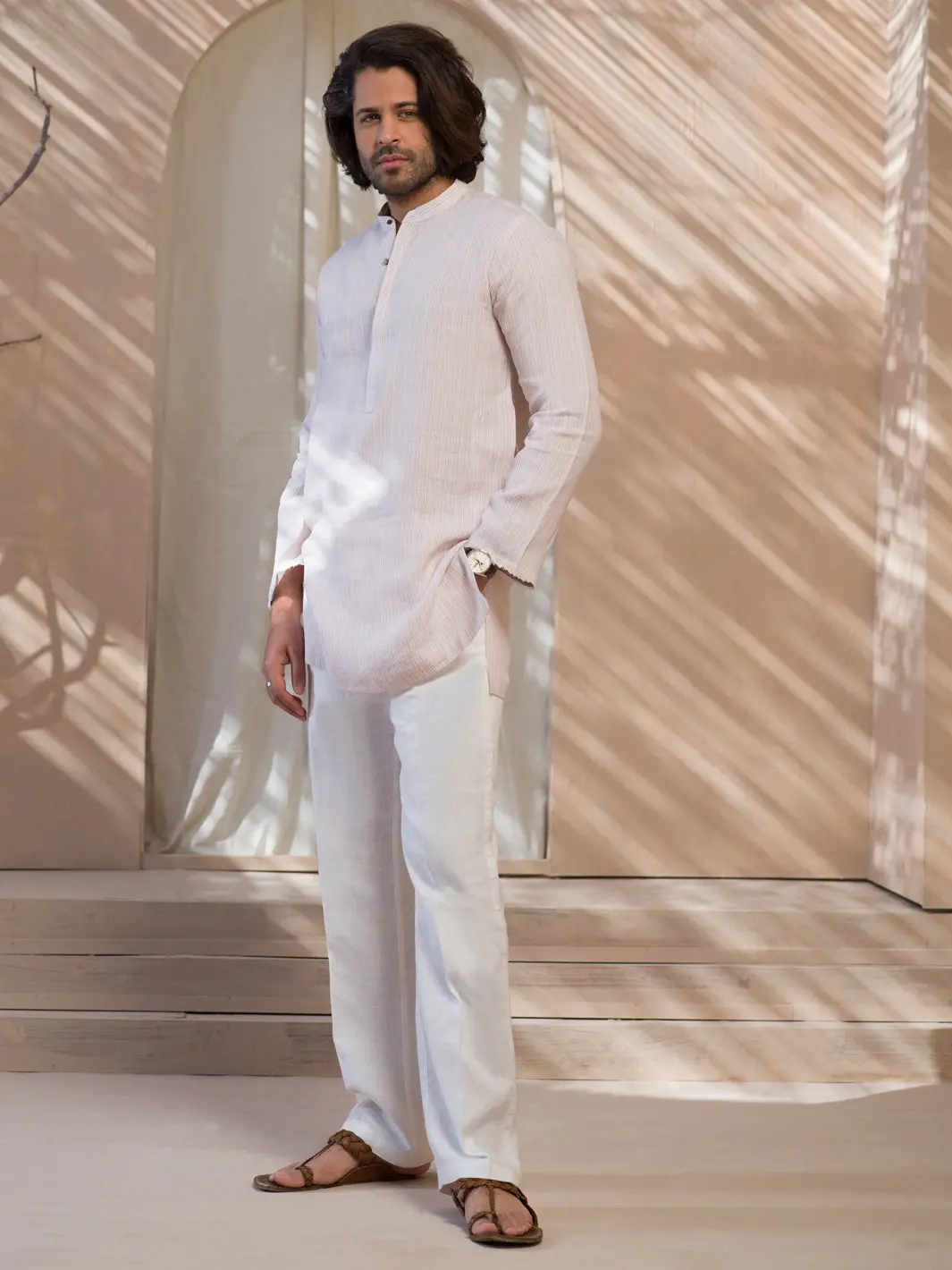Pink Pin Striped Linen Short Kurta - Alcr-K-001 1
