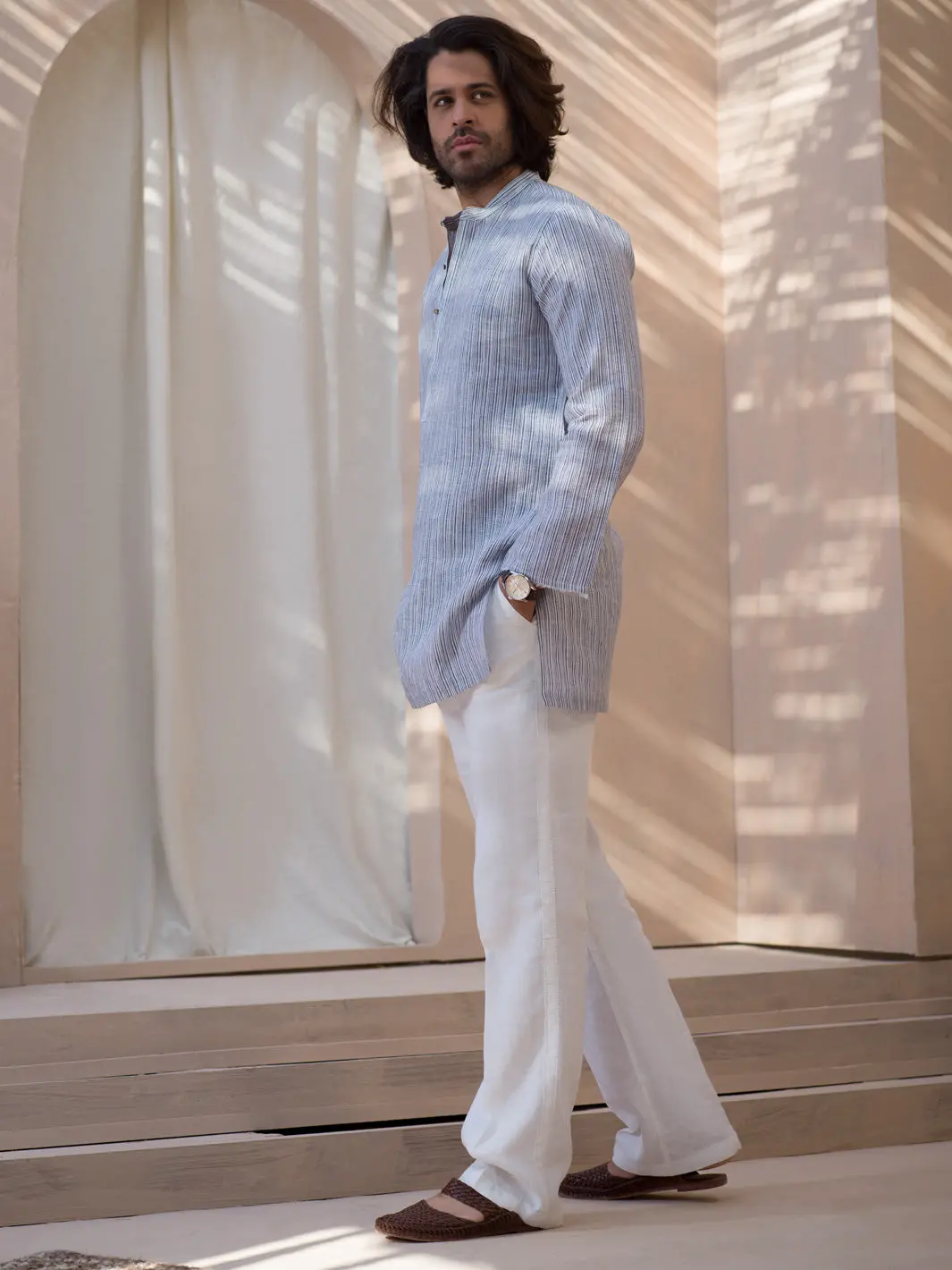 Grey Pin Striped Linen Short Kurta - Alcr-K-002 1
