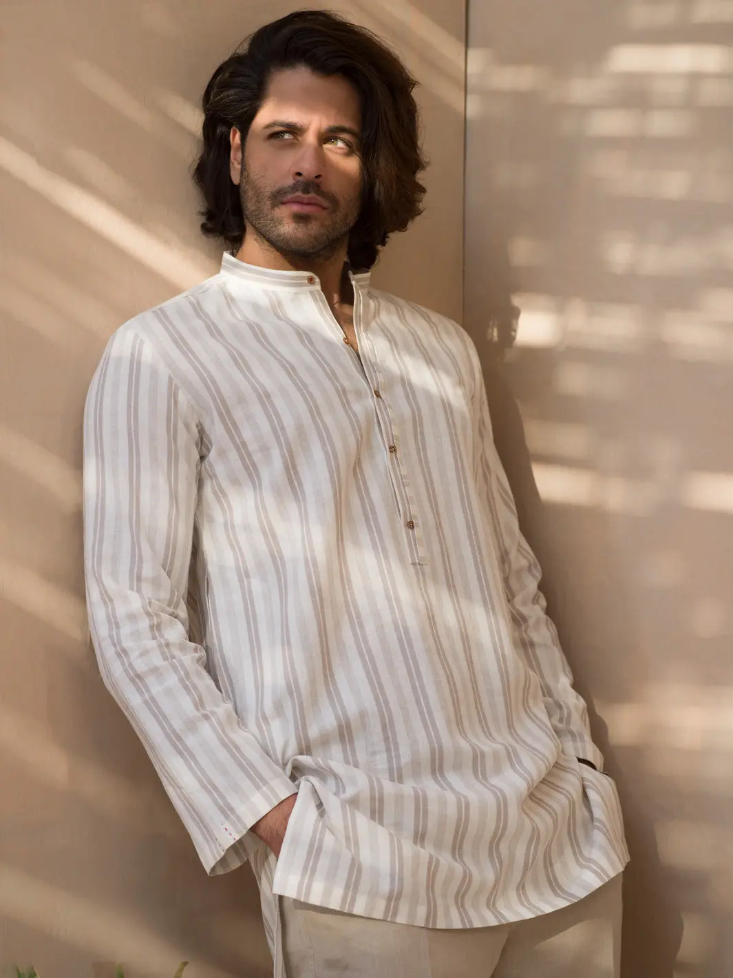 Brown & White Striped Linen Short Kurta - Alcr-K-003 1