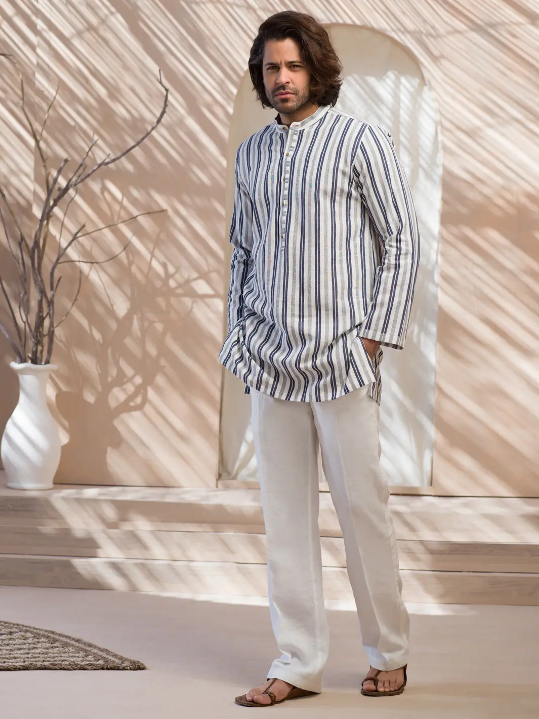 Blue & White Striped Linen Short Kurta - Alcr-K-004 1