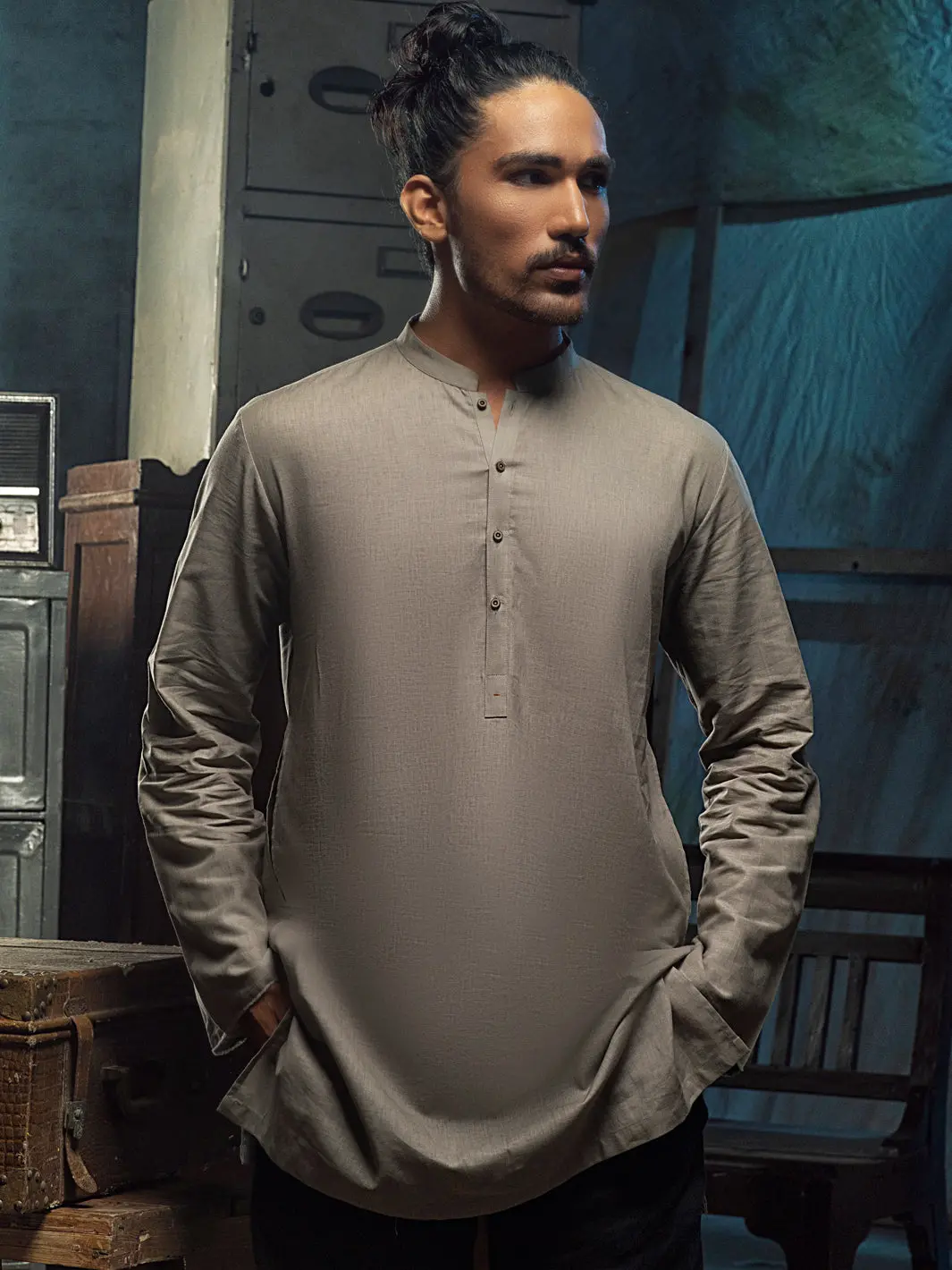 Khaki Linen Short Kurta - Alcr-K-012 1
