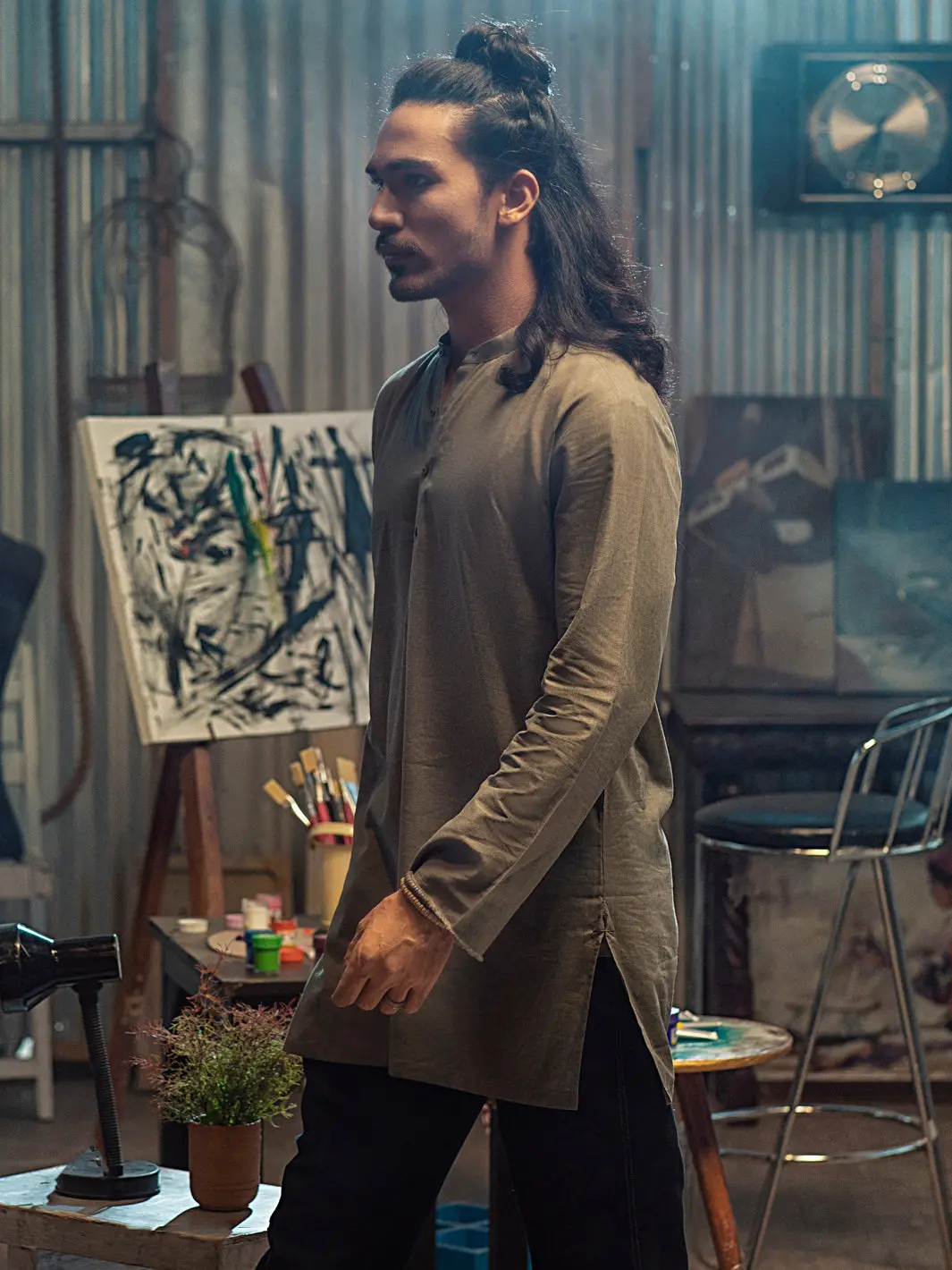 Olive Linen Short Kurta - Alcr-K-014 1