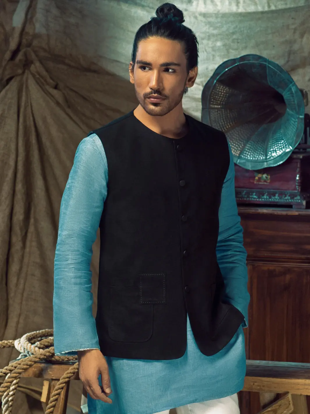 Black Linen Cotton Waistcoat - Alcr-Wc-004 1