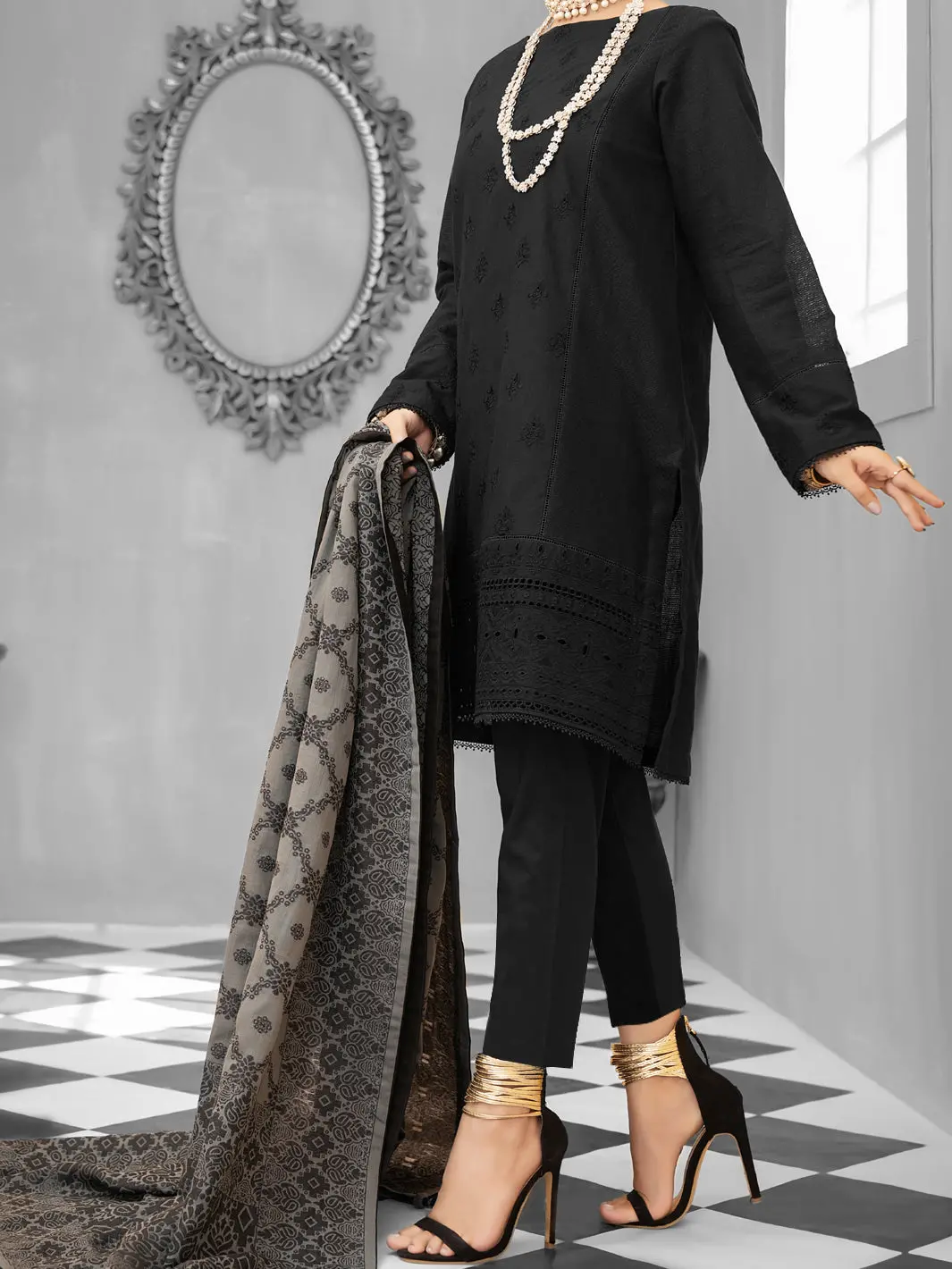 Black Cotton Dobby 3Pc Stitched - Alp-1027 1