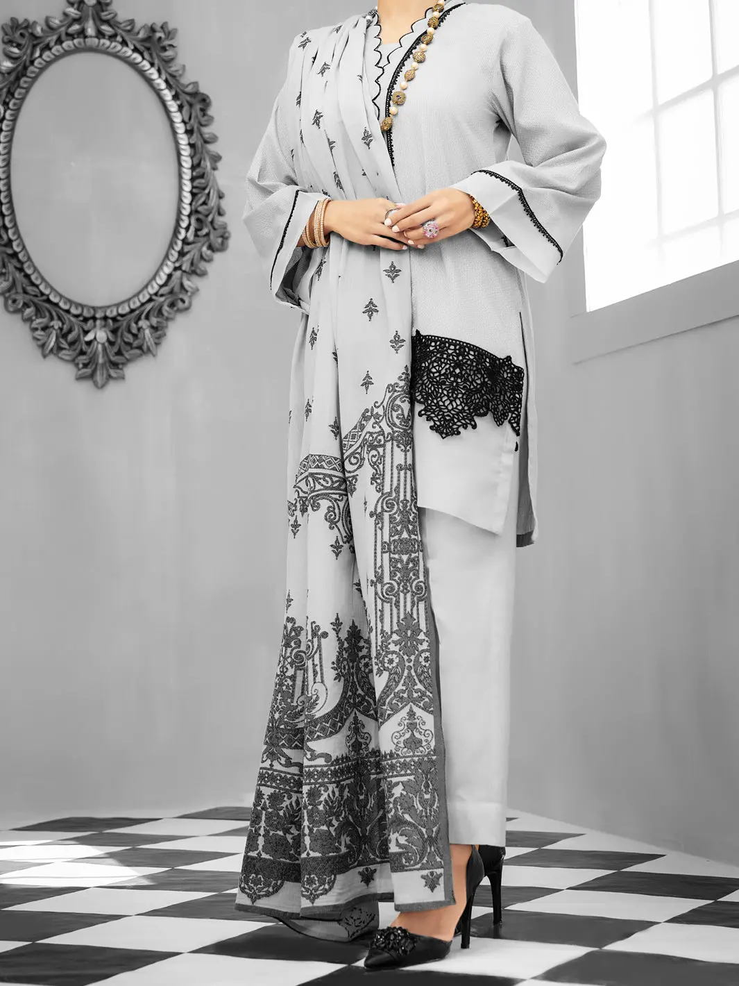 Grey Cotton Dobby 3Pc Unstitched - Alp-1028 1