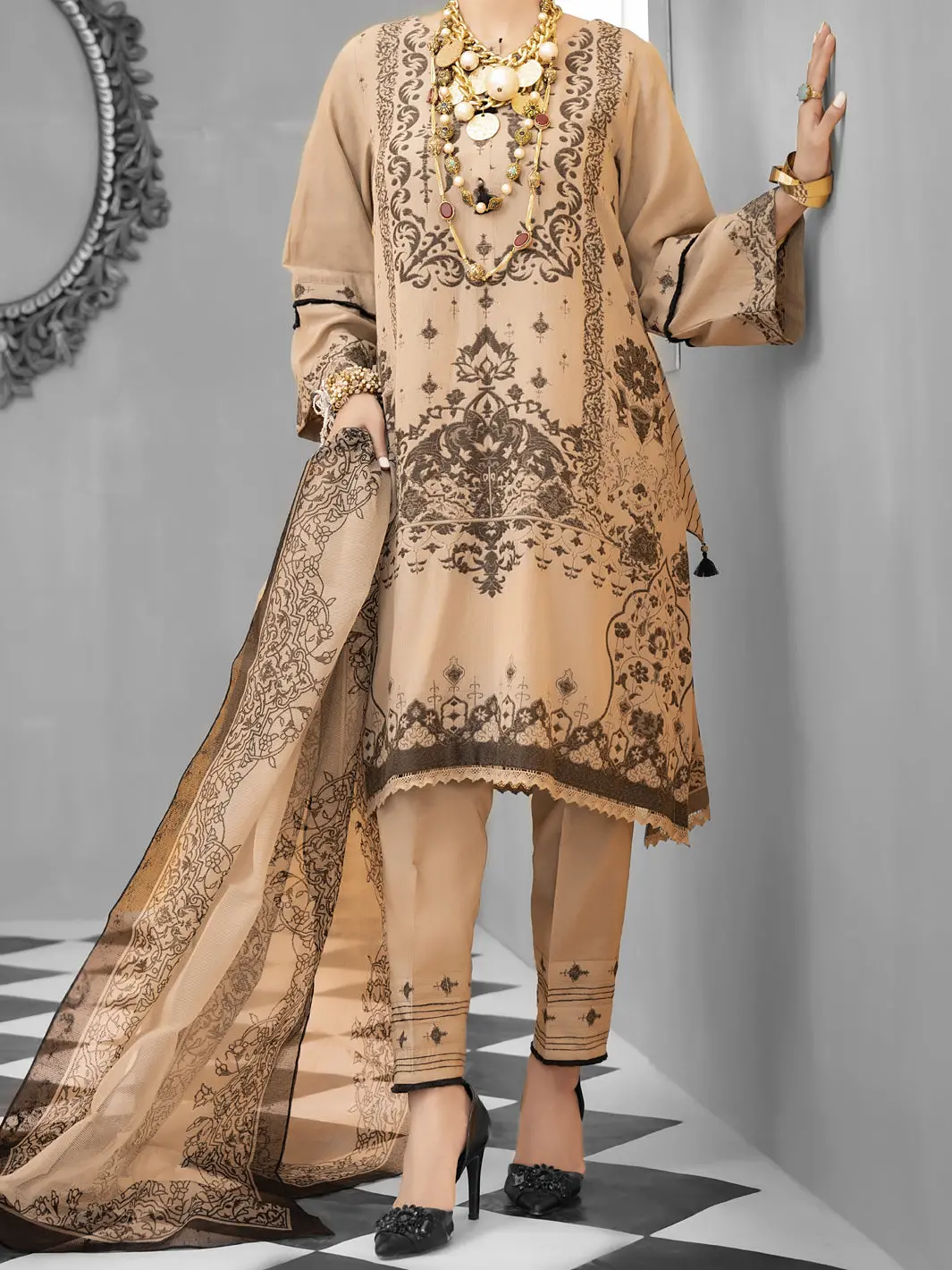 Beige Jacquard 3Pc Stitched - Alp-1029 1