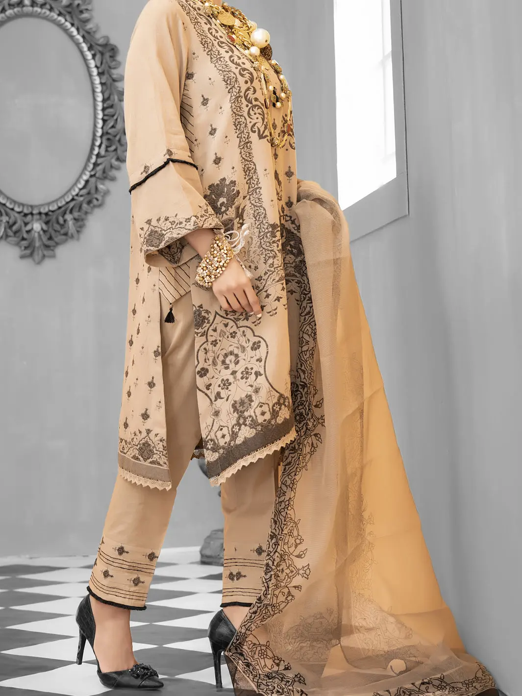Beige Jacquard 3Pc Unstitched - Alp-1029 1