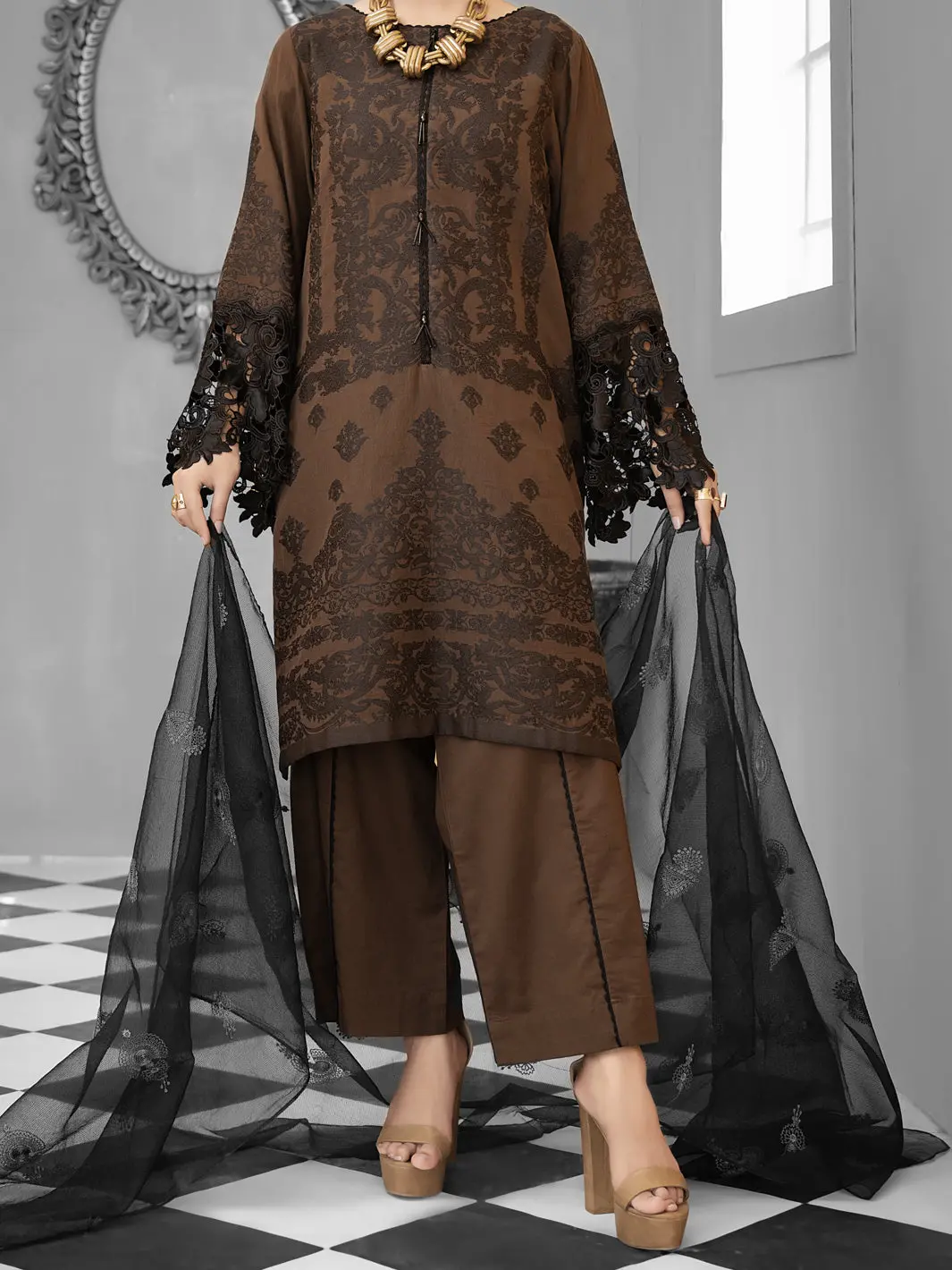 Black Jacquard 3Pc Unstitched - Alp-1030 1