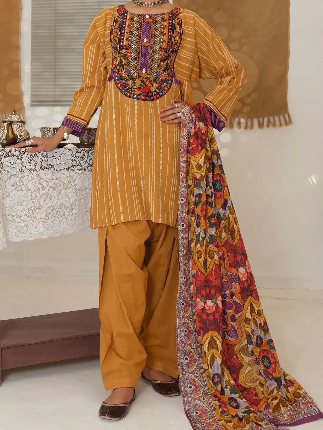 Mustard Yarn Dyed Jacquard 3Pc Stitched - Alp-3Ps-1049/S 1