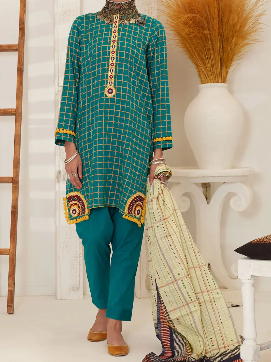 Green Jacquard 3Pc Unstitched - Alp-3Ps-1050 1