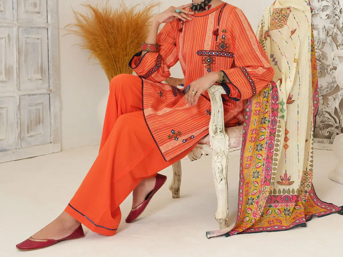 Orange Yarn Dyed Jacquard 3Pc Stitched - Alp-3Ps-1051/S 4