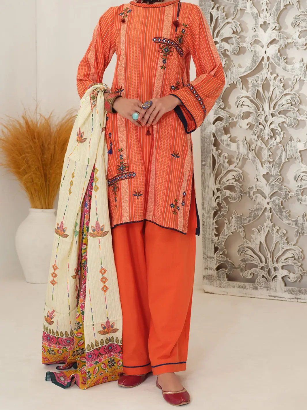Orange Jacquard 3Pc Unstitched - Alp-3Ps-1051 1