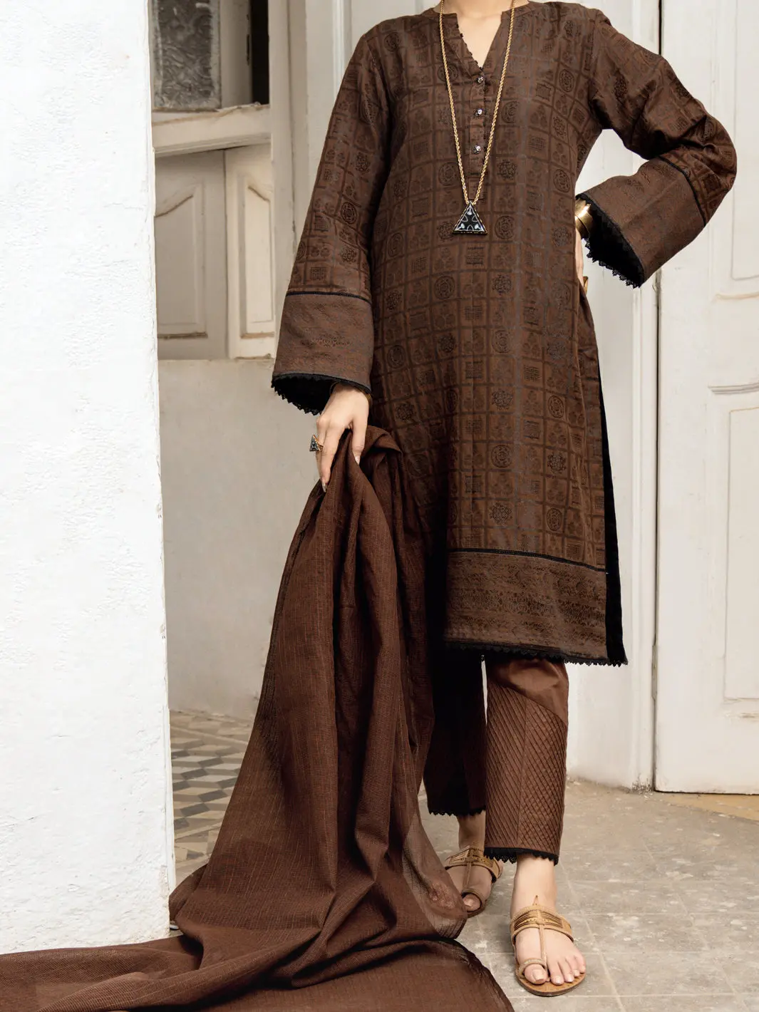 Brown Jacquard 3Pc Stitched - Alp-3Ps-1170 1