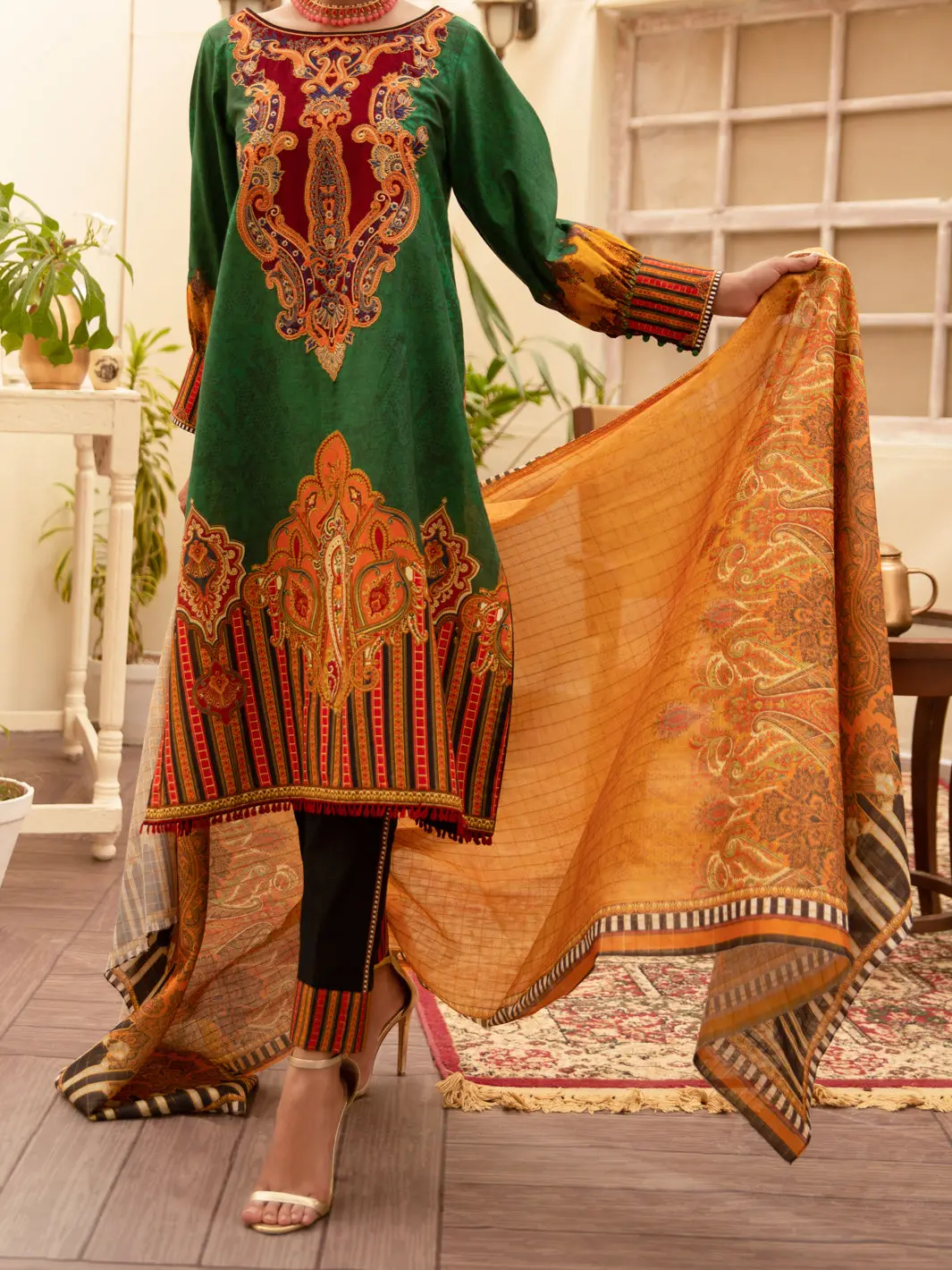 Green Cambric 3Pc Unstitched - Alp-3Ps-1177 1