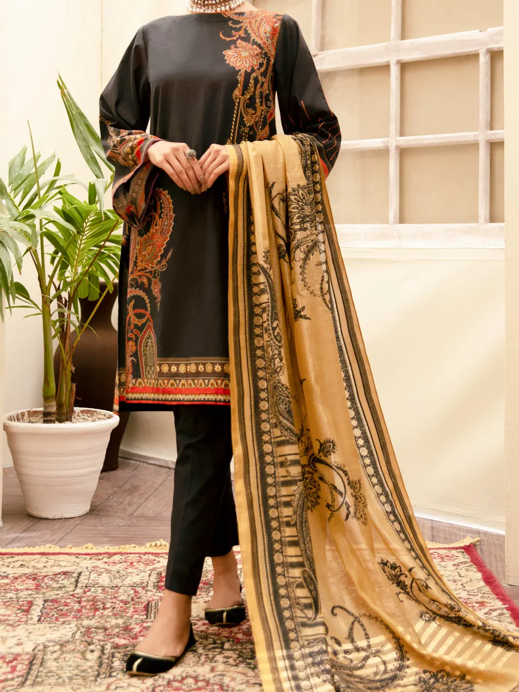 Black Cambric 3Pc Unstitched - Alp-3Ps-1180 1
