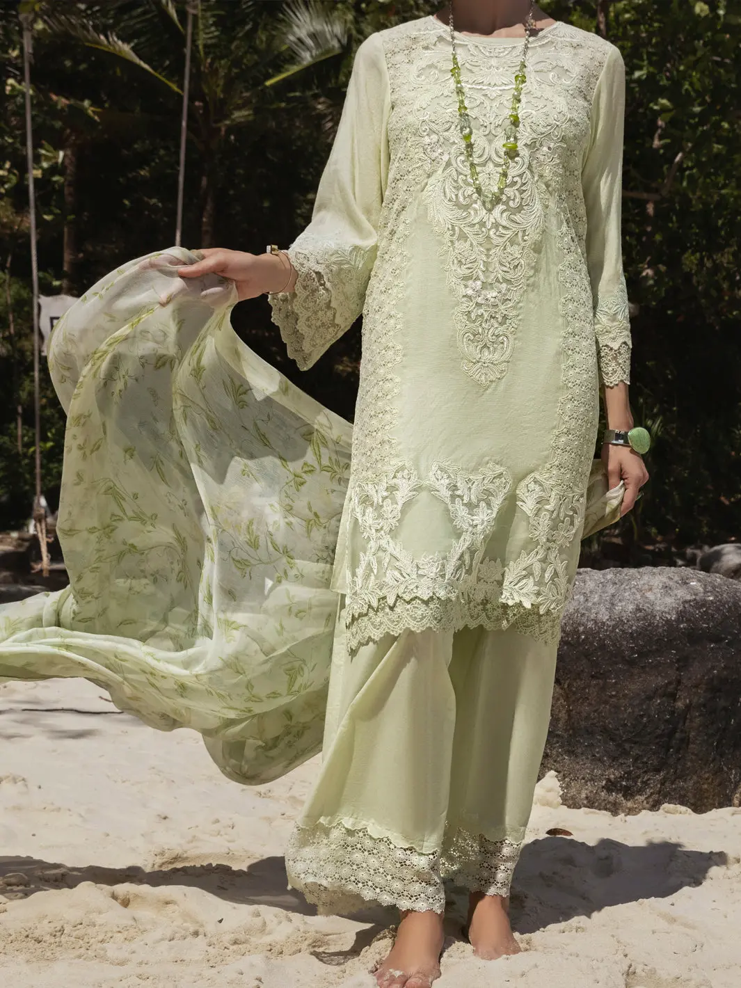 Pista Green Khaddi Net 3Pc Unstitched - Alp-3Ps-1271 1