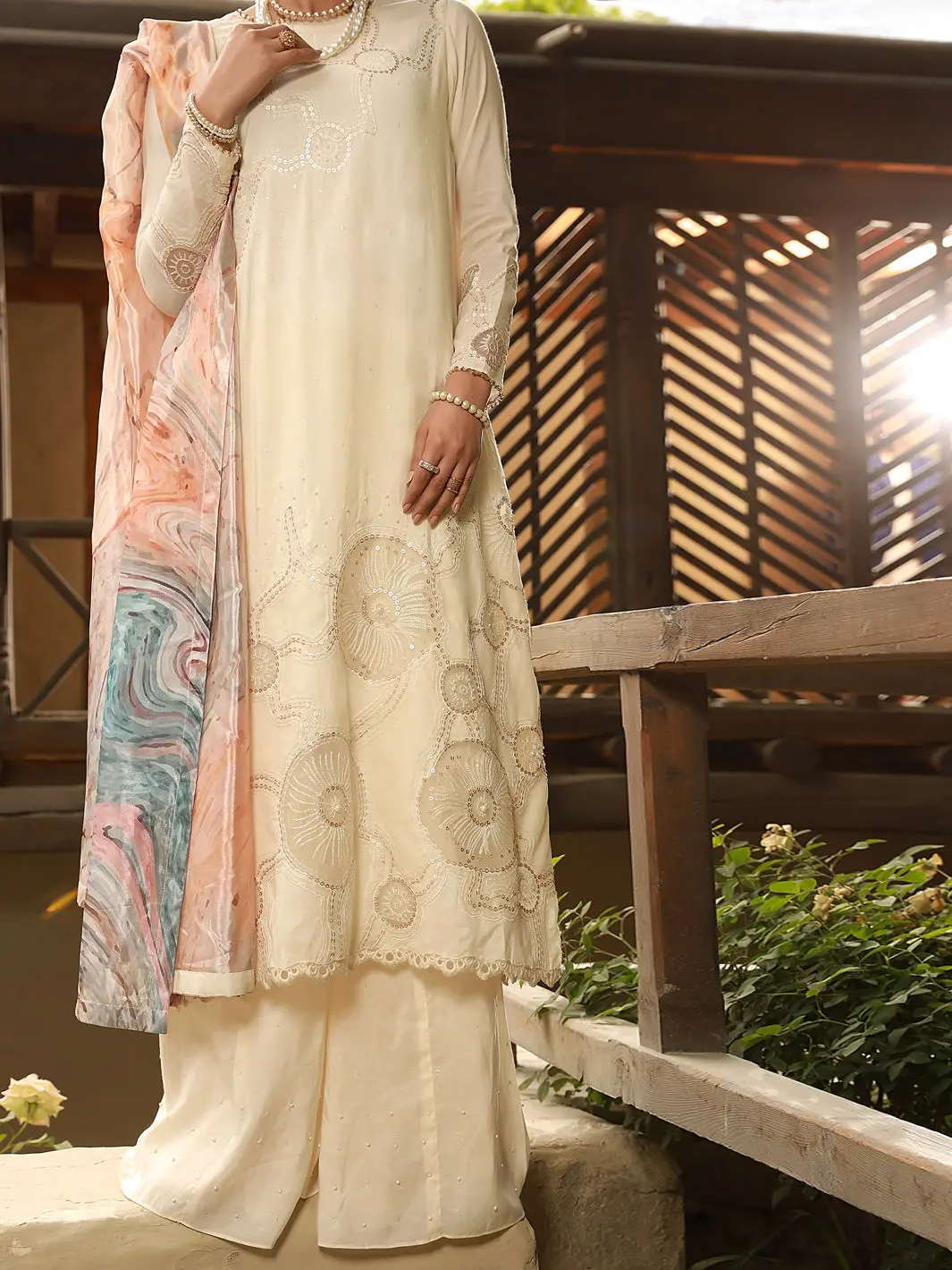Off White Chanderi 3Pc Unstitched - Alp-3Ps-1406 1