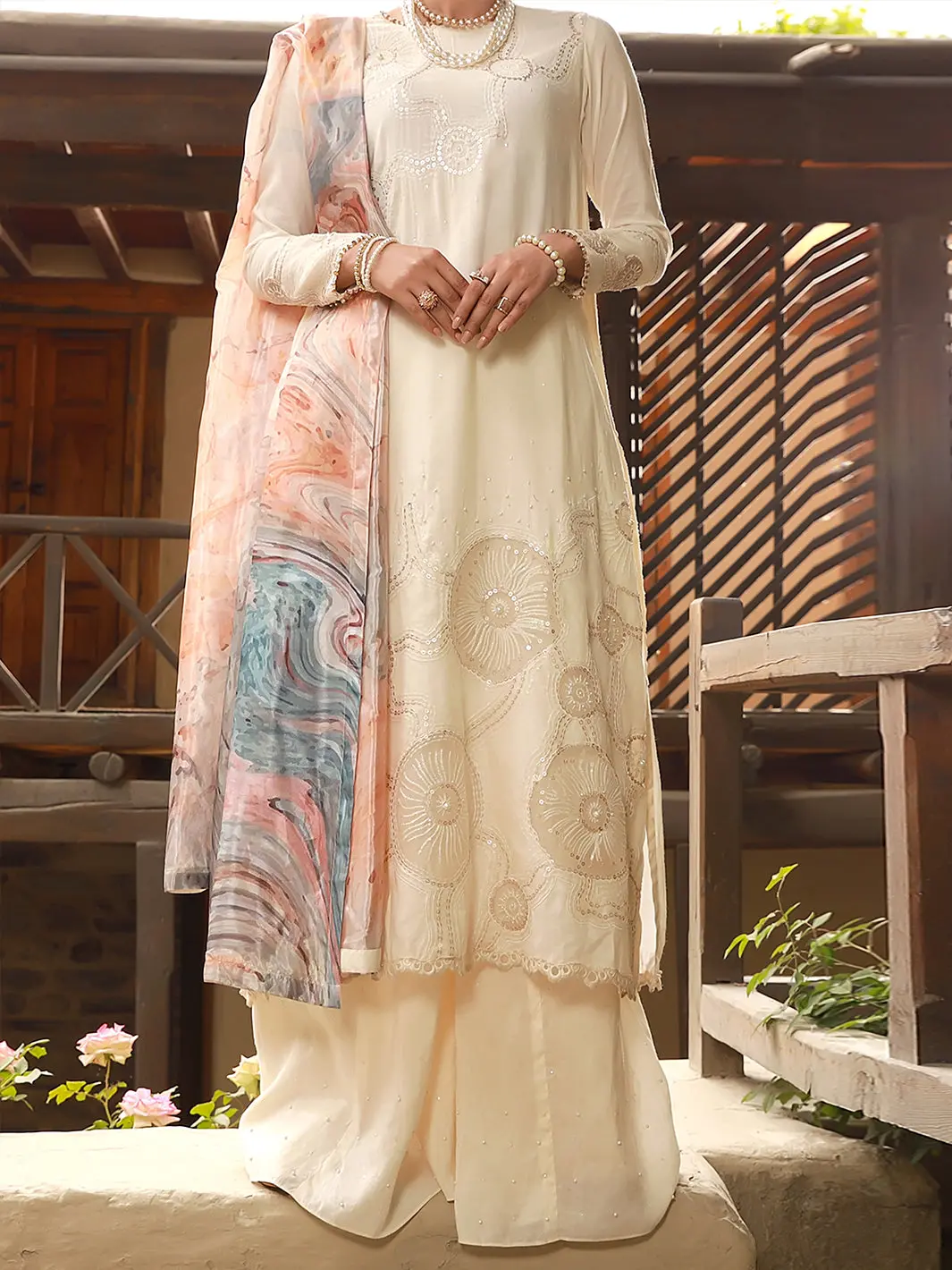 Off White Chanderi 3Pc Stitched - Alp-3Ps-1406 1