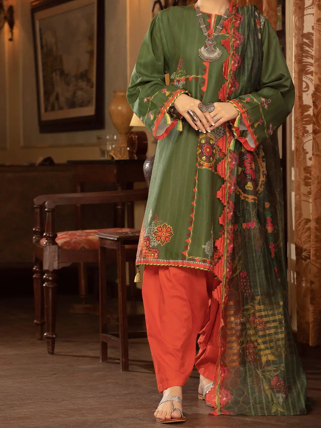 Army Green Cambric 3Pc Stitched - Alp-3Ps-1427 1