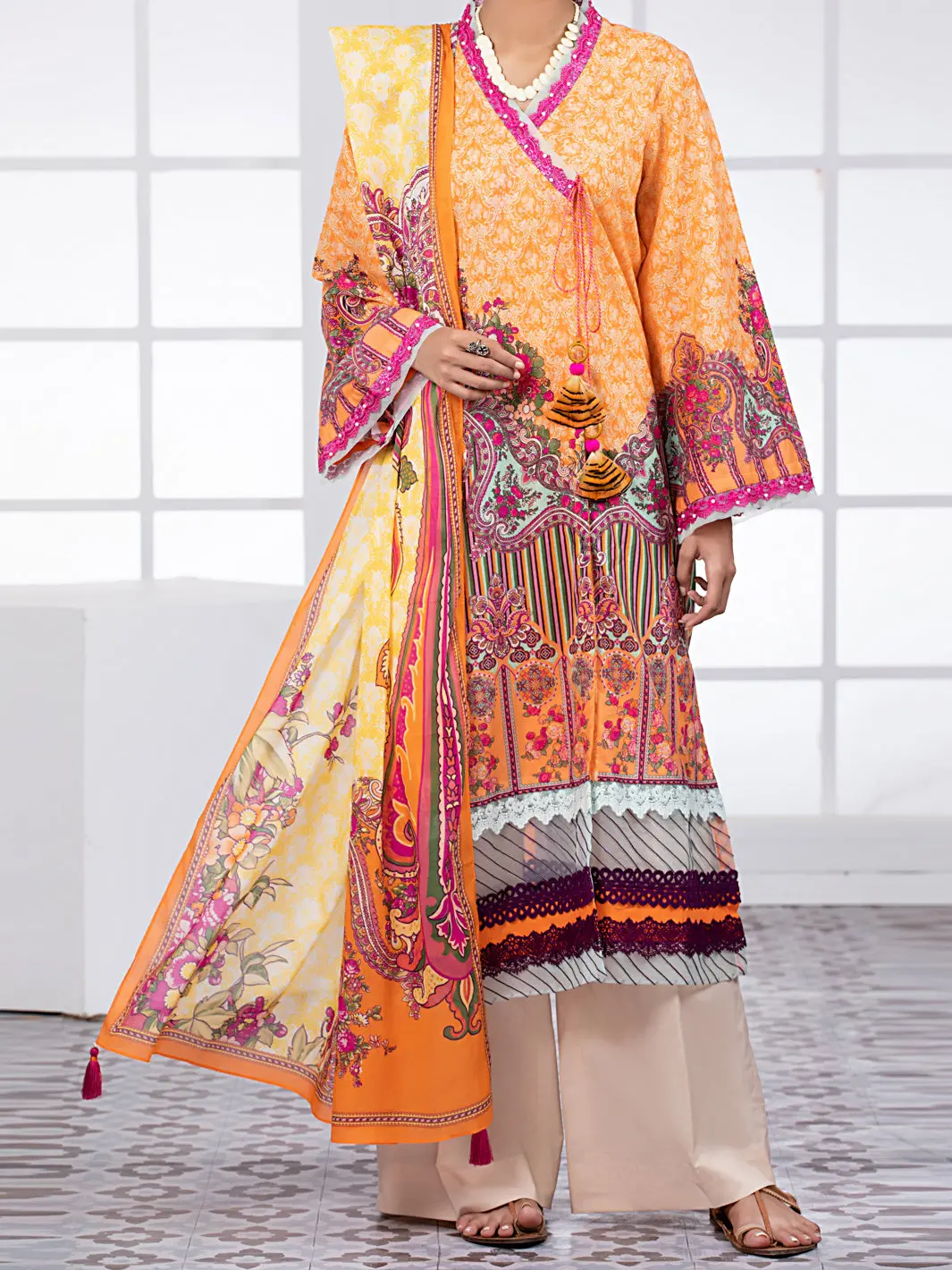 Orange Lawn 3Pc Unstitched - Alp-3Ps-1475 1