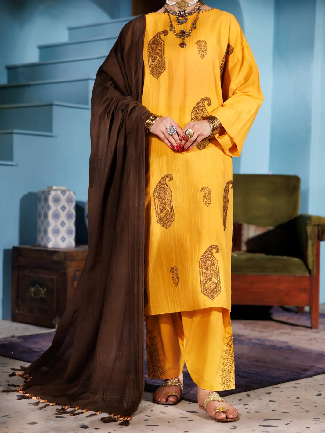 Mustard Lino Kara 3Pc Stitched - Alp-3Ps-1918 1