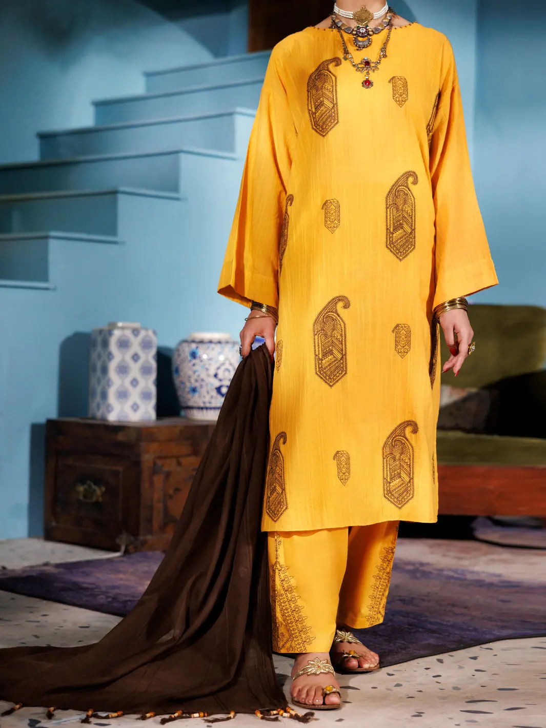 Mustard Lino Kara 3Pc Unstitched - Alp-3Ps-1918 1
