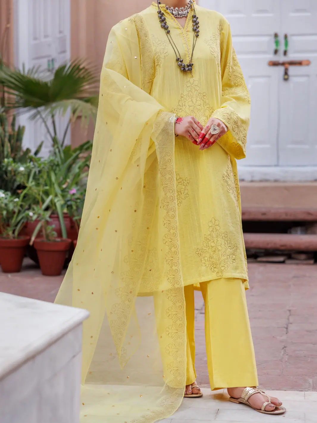 Yellow Dobby Jacquard 3Pc Unstitched - Alp-3Ps-1952 1