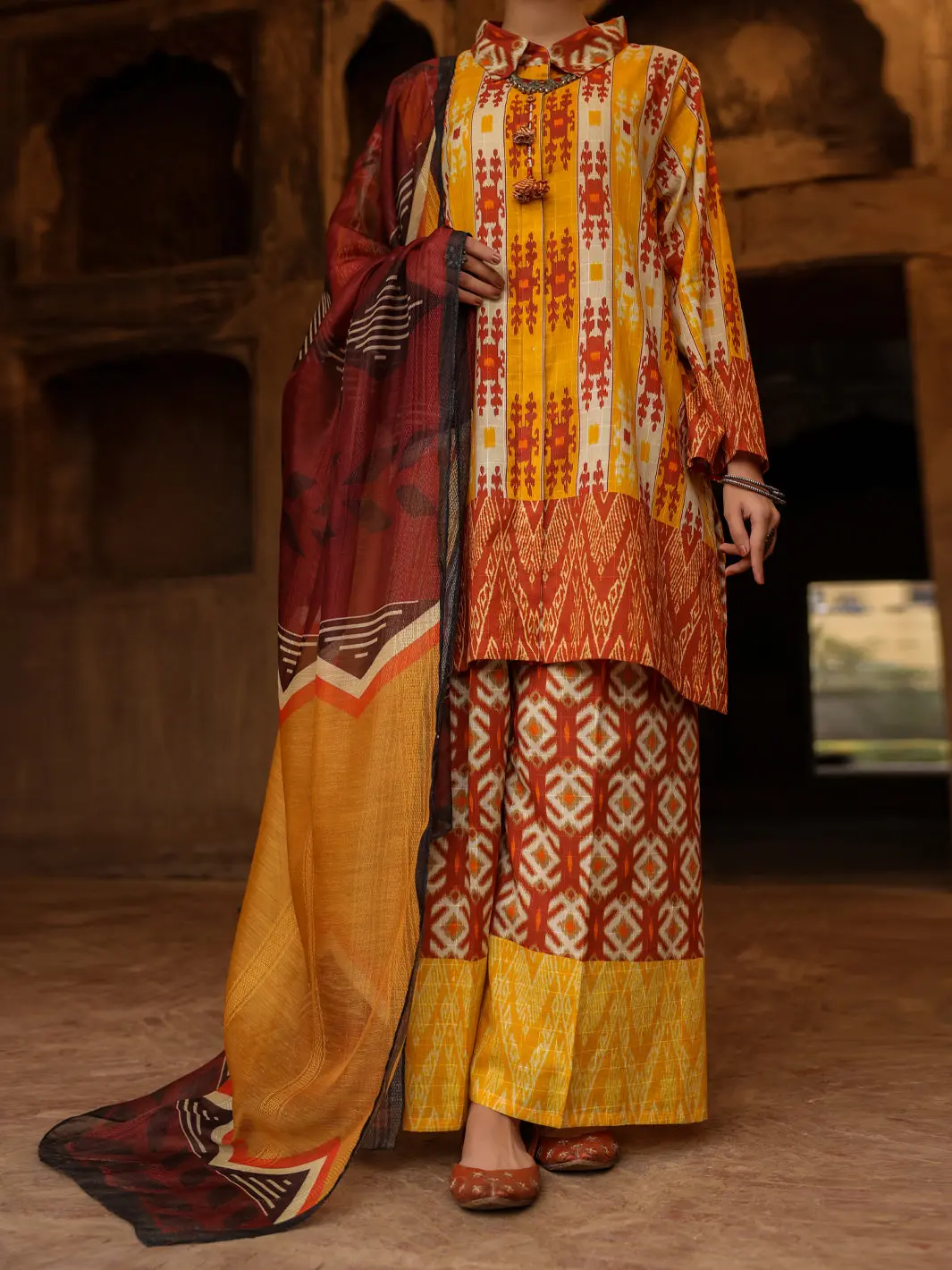 Mustard Square Cotton 3Pc Stitched - Alp-3Ps-2329 1