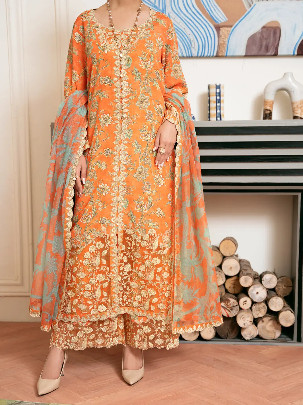 Orange Silk Lawn Stitched 3Pc - Alp-3Ps-2333 1