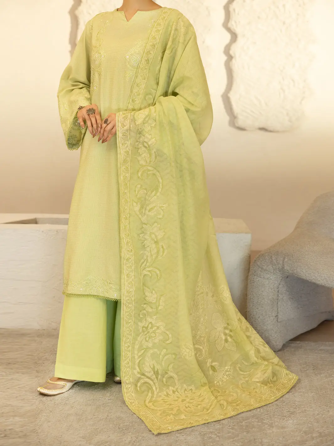 Light Green Dobby Square Stitched 3Pc - Alp-3Ps-2346 1