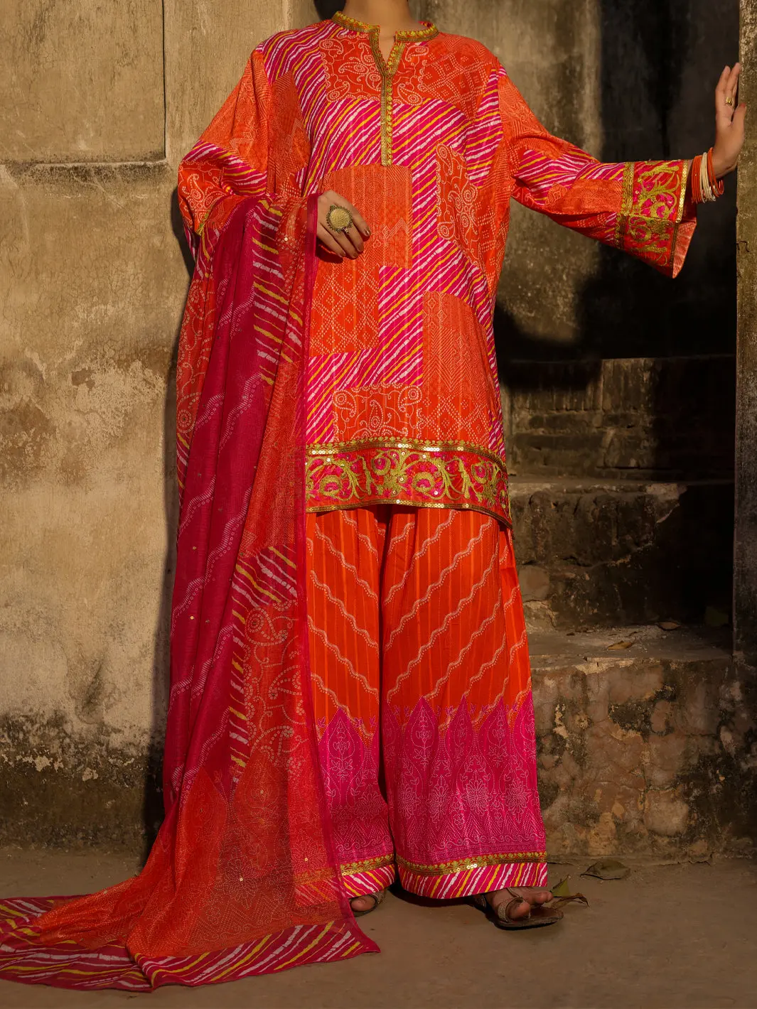 Orange Lino Kara 3Pc Stitched - Alp-3Ps-2358 1