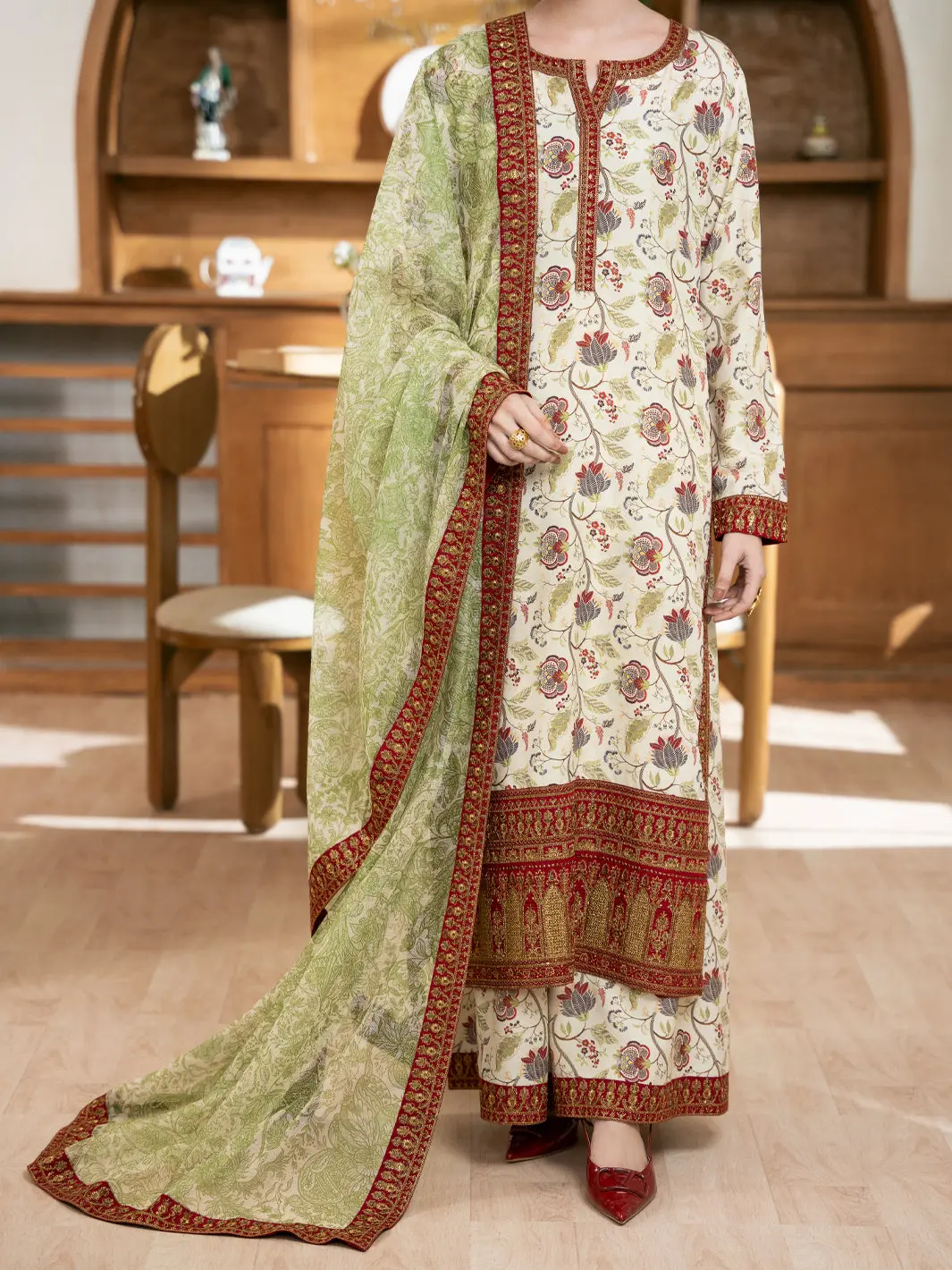 Cream Silk Lawn Stitched 3Pc - Alp-3Ps-2362 1