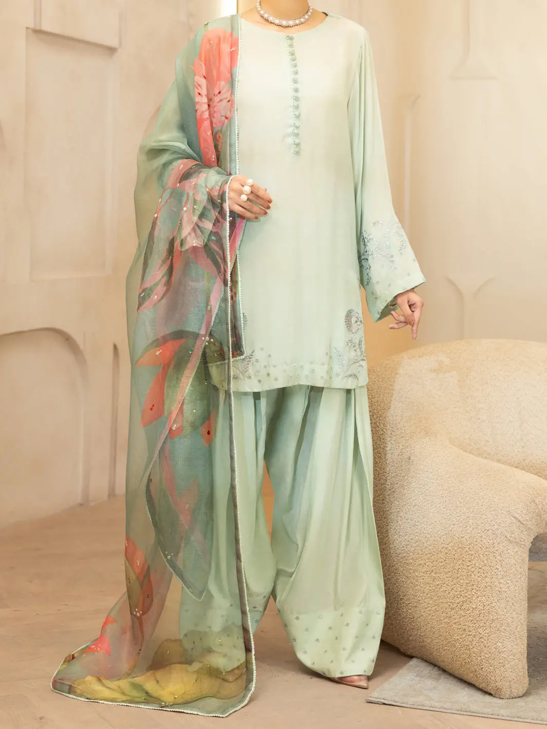 Light Green Viscose Sheesha Silk Stitched 3Pc - Alp-3Ps-2368 1