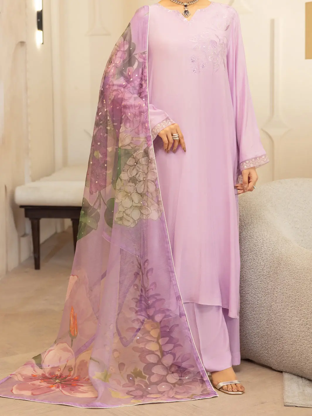 Lilac Sheesha Silk Stitched 3Pc - Alp-3Ps-2369 1