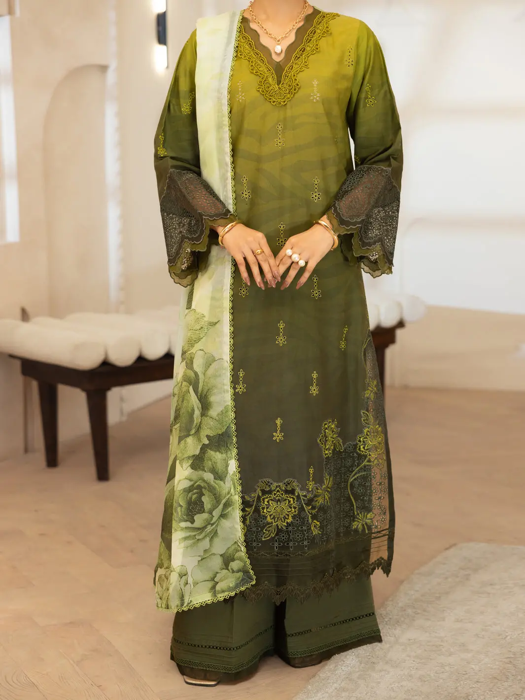 Mehndi Green Lawn Stitched 3Pc - Alp-3Ps-2379 1