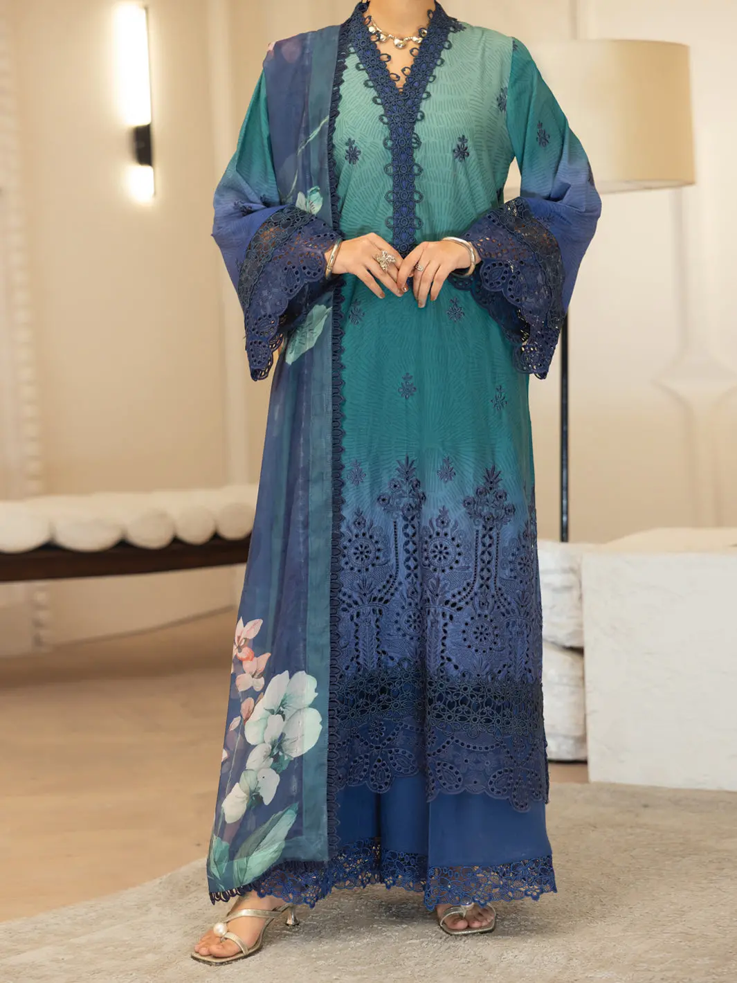 Teal Silk Lawn Stitched 3Pc - Alp-3Ps-2377 1