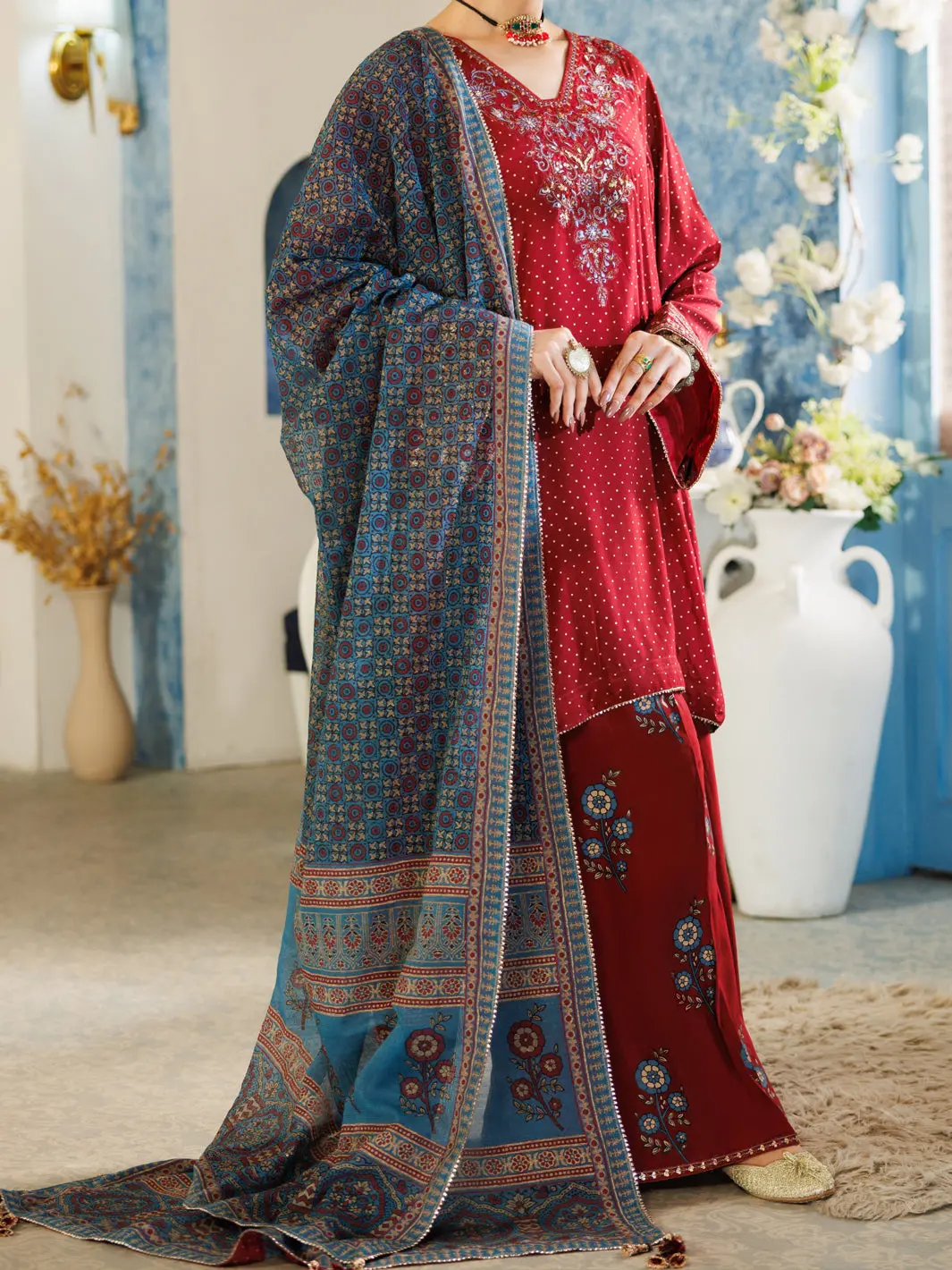 Maroon Thai Silk Stitched 3Pc - Alp-3Ps-2381 1