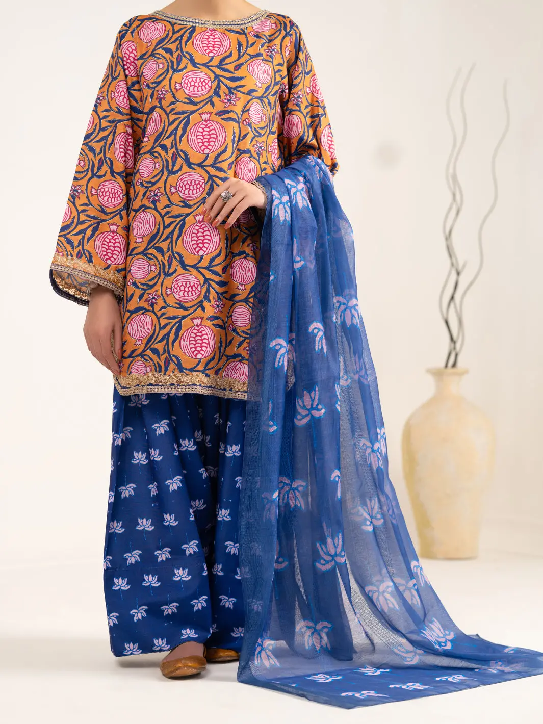 Mustard Blue Raw Silk 3Pc Unstitched - Alp-3Ps-2442 1