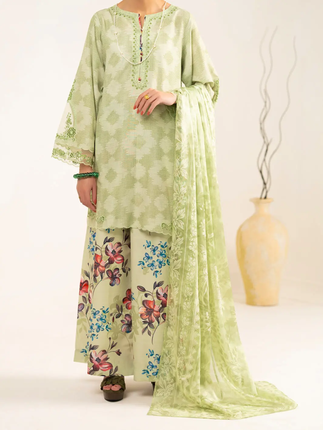 Green Raw Silk 3Pc Unstitched - Alp-3Ps-2448 1