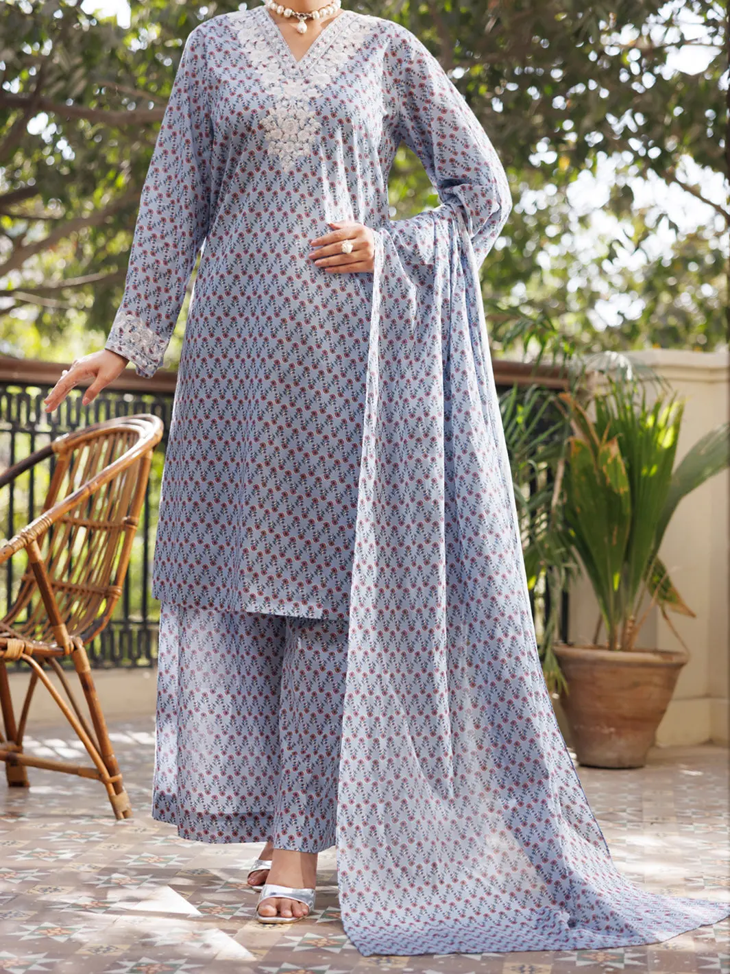 Sky Blue Cotton Stitched 3Pc - Alp-3Ps-2571 1
