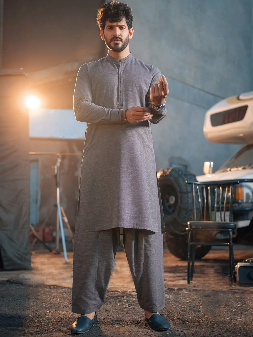 Ash Grey Blended Kurta Shalwar - Al-Ks-2656 1