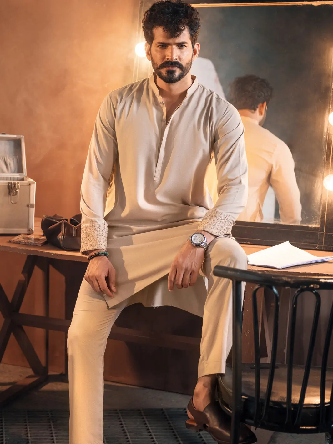 Beige Blended Kurta Trouser - Al-Kt-2692 1