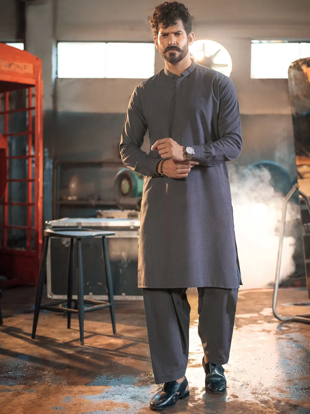 Charcoal Grey Blended Kurta Shalwar - Al-Ks-2650 1