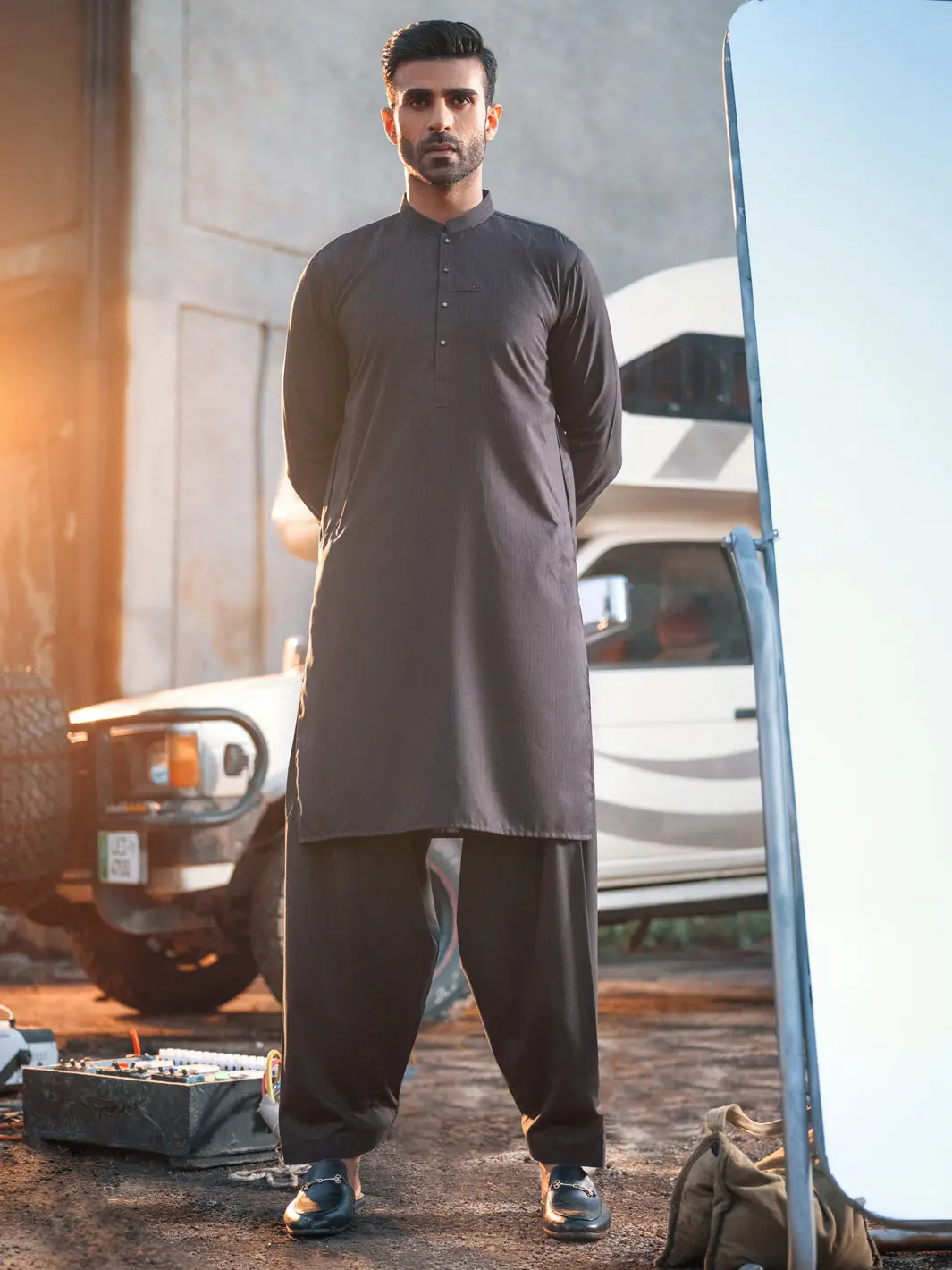 Charcoal Grey Blended Kurta Shalwar - Al-Ks-2687 1