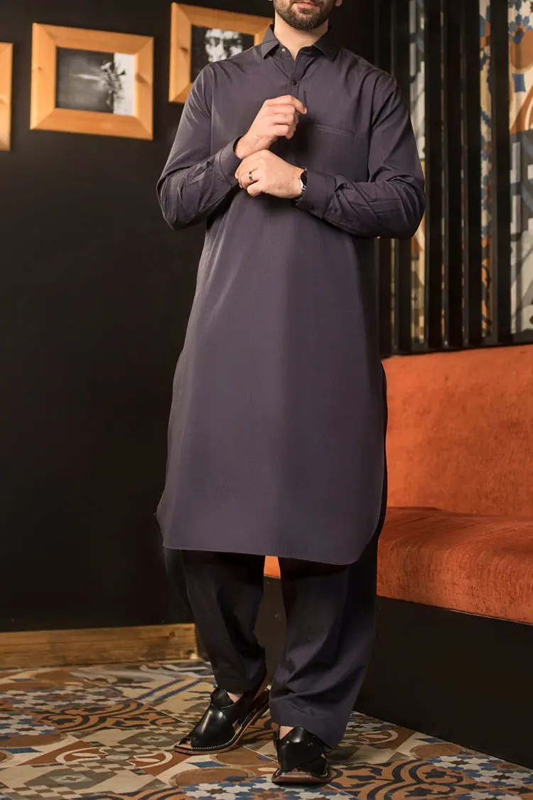 Charcoal Grey Blended Kameez Shalwar - Alwa-Ks-126 1