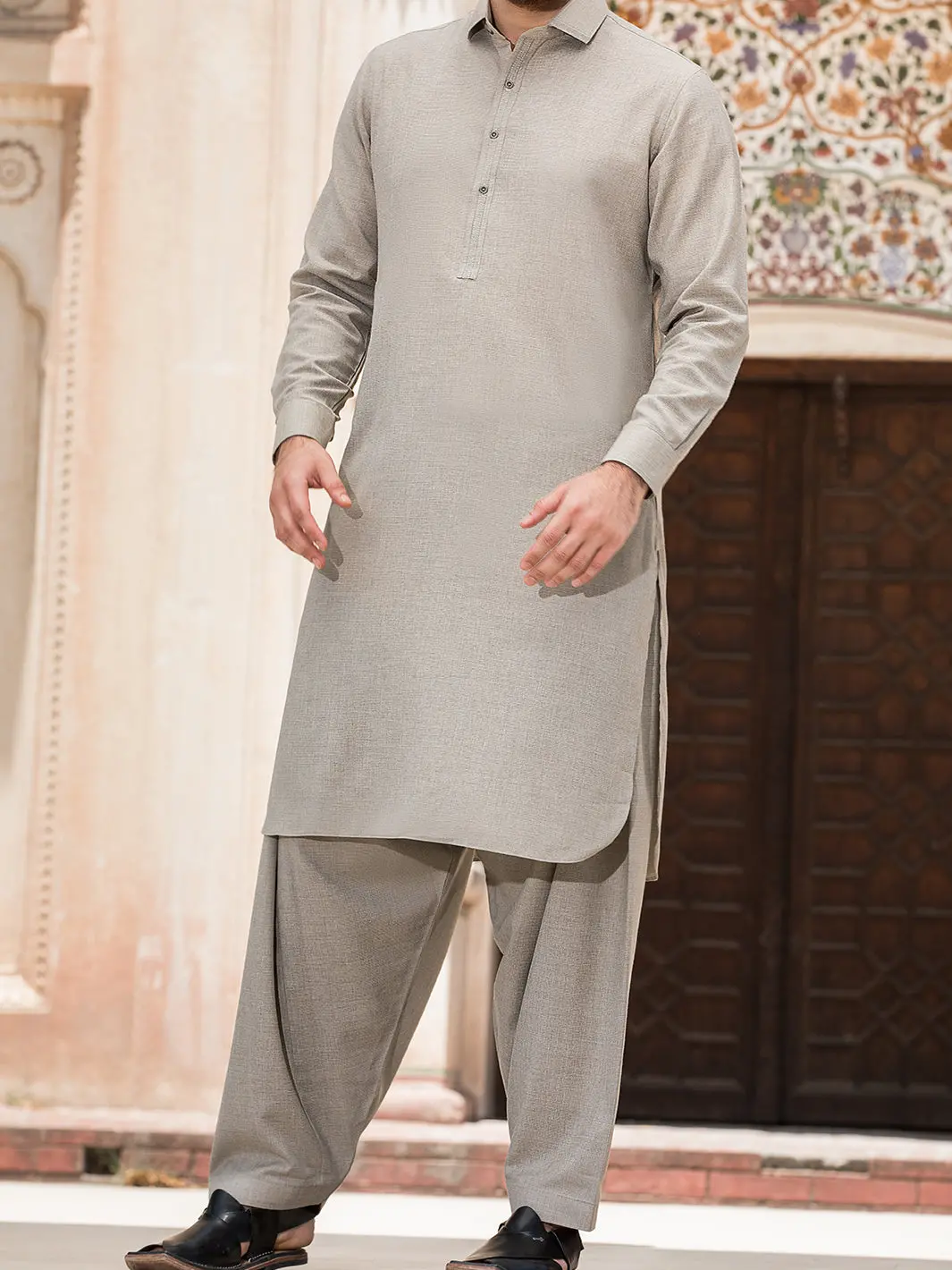 Sand Colored Blended Kameez Shalwar - Alwa-Ks-148 1