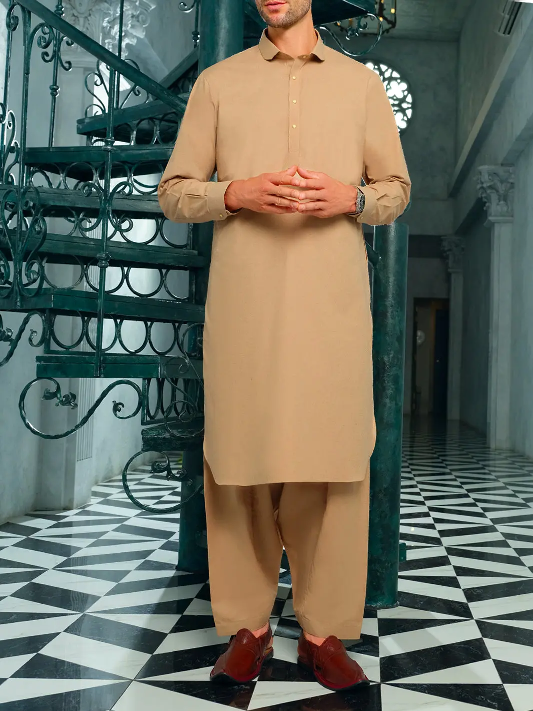 Beige Blended Kameez Shalwar - Alwa-Ks-186 1